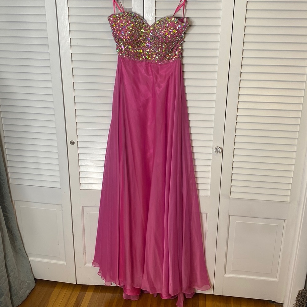 Joli Strapless Pink Gemstone Empire Waist Formal Dress